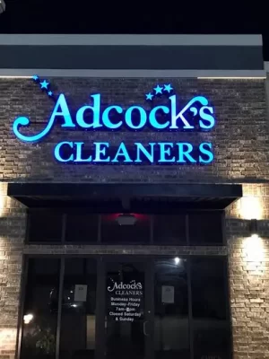 Adcocks Cleaners channel letters lit